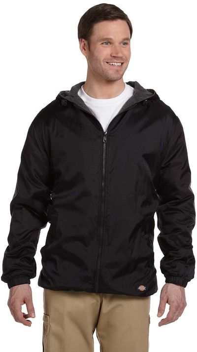 Am image of a Custom Dickies Mens Fleece Lined Hooded Nylon Jacket in Black!