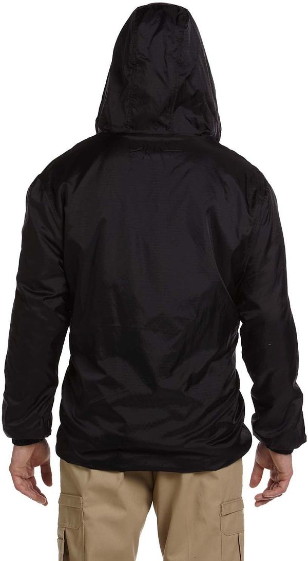 Am image of a Custom Dickies Mens Fleece Lined Hooded Nylon Jacket in Black!