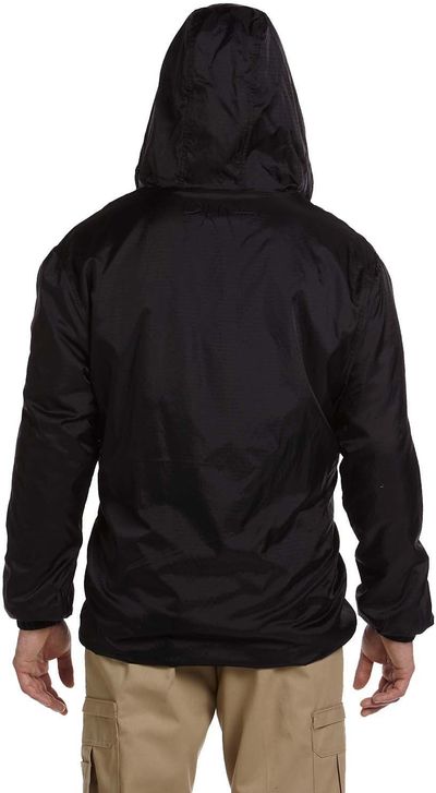 Am image of a Custom Dickies Mens Fleece Lined Hooded Nylon Jacket in Black!