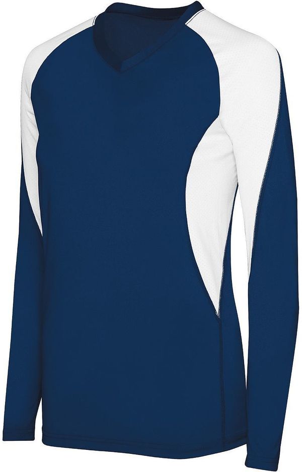 Am image of a Custom High Five Ladies Long Sleeve Court Jersey in Navy/White!