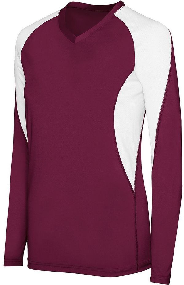 Am image of a Custom High Five Ladies Long Sleeve Court Jersey in Maroon/White!