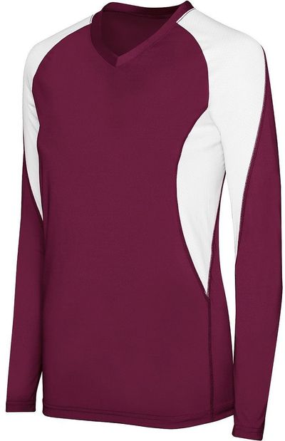 Am image of a Custom High Five Ladies Long Sleeve Court Jersey in Maroon/White!