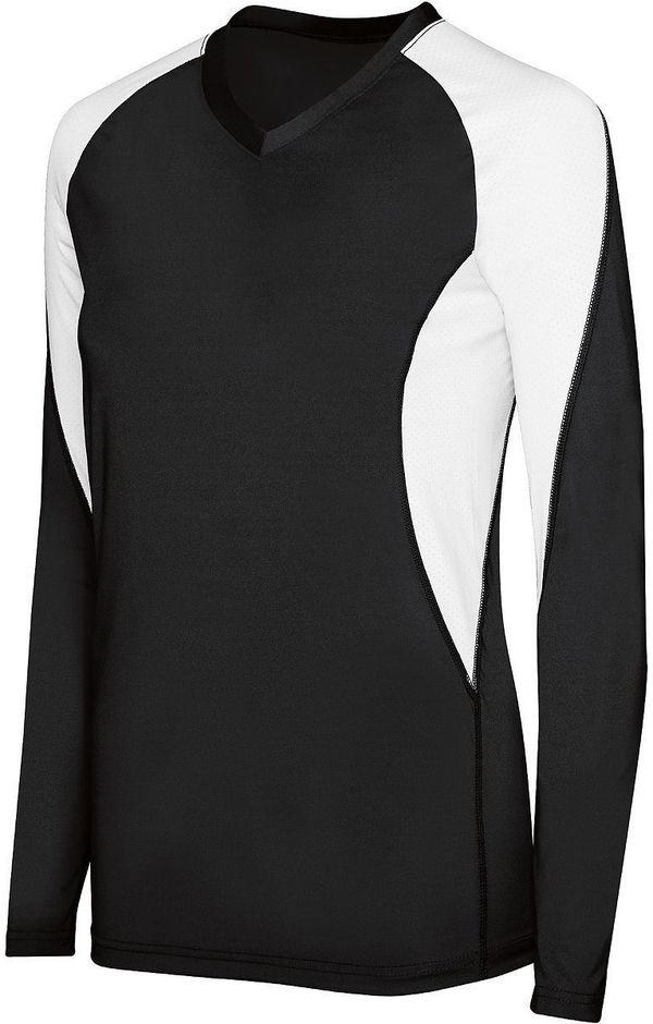 Am image of a Custom High Five Ladies Long Sleeve Court Jersey in Black/White!