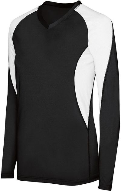 Am image of a Custom High Five Ladies Long Sleeve Court Jersey in Black/White!