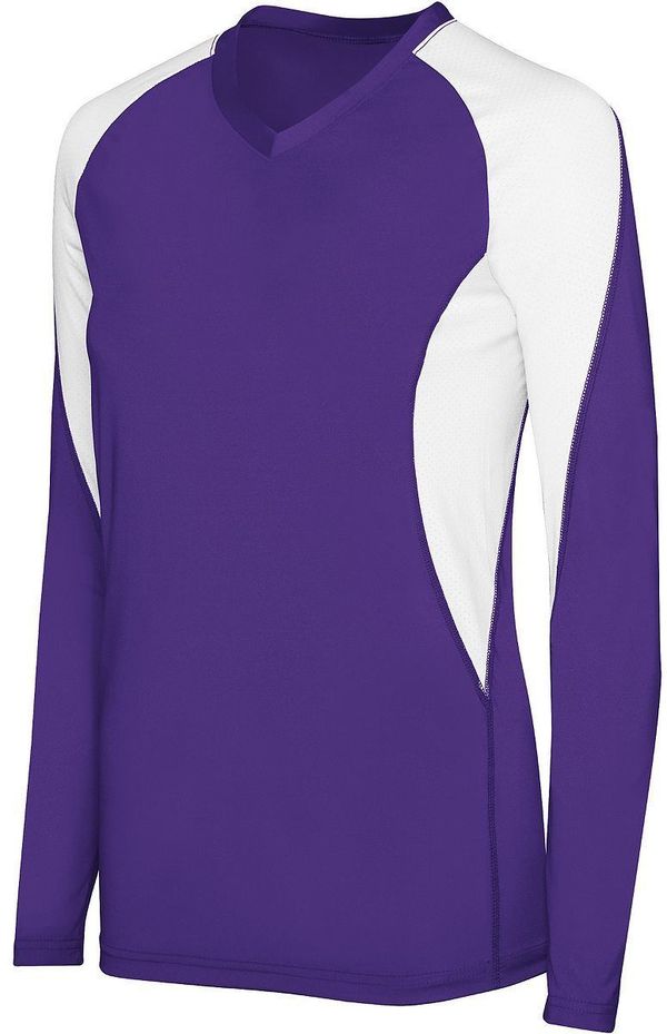 Am image of a Custom High Five Ladies Long Sleeve Court Jersey in Purple/White!
