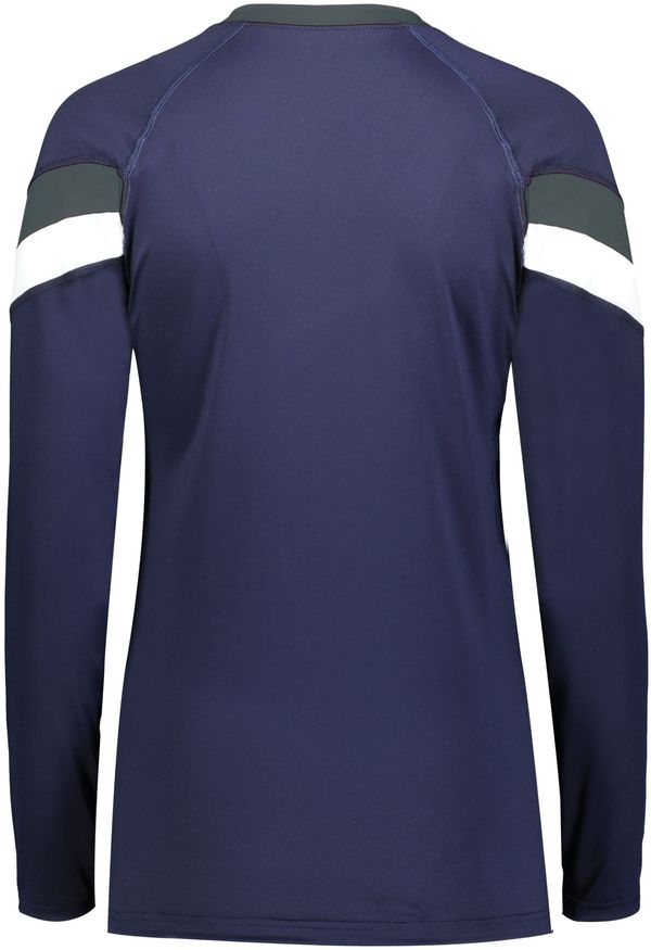 Am image of a Custom High Five Youth Girls Truhit Tri Color Long Sleeve Jersey in Navy/Graphite/White!