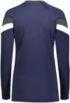 Am image of a Custom High Five Youth Girls Truhit Tri Color Long Sleeve Jersey in Navy/Graphite/White!