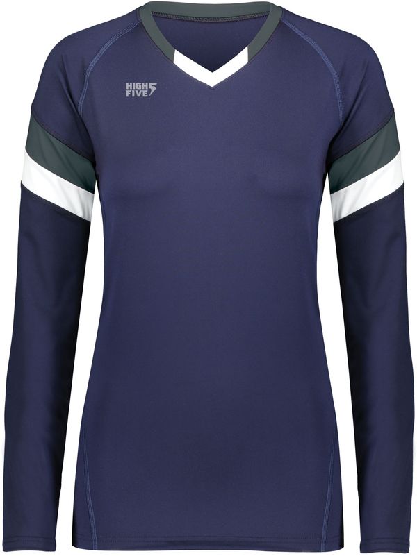 Am image of a Custom High Five Youth Girls Truhit Tri Color Long Sleeve Jersey in Navy/Graphite/White!