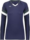 Am image of a Custom High Five Youth Girls Truhit Tri Color Long Sleeve Jersey in Navy/Graphite/White!