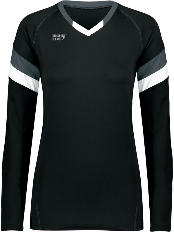 An image of a Custom High Five Youth Girls Truhit Tri Color Long Sleeve Jersey in Black/Graphite/White!