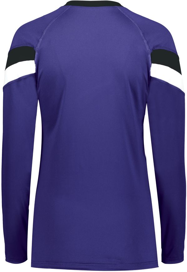 Am image of a Custom High Five Youth Girls Truhit Tri Color Long Sleeve Jersey in Purple/Black/White!