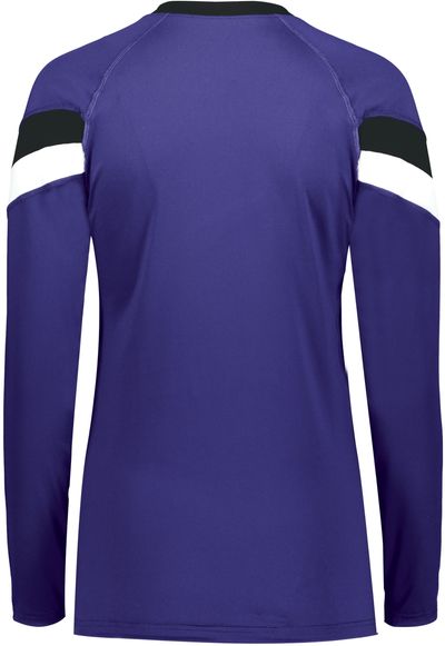 Am image of a Custom High Five Youth Girls Truhit Tri Color Long Sleeve Jersey in Purple/Black/White!