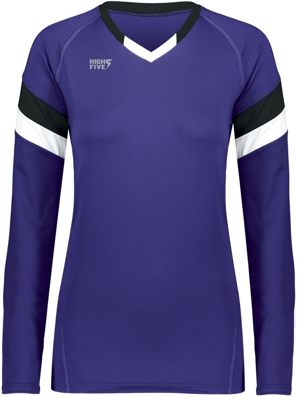 Am image of a Custom High Five Youth Girls Truhit Tri Color Long Sleeve Jersey in Purple/Black/White!