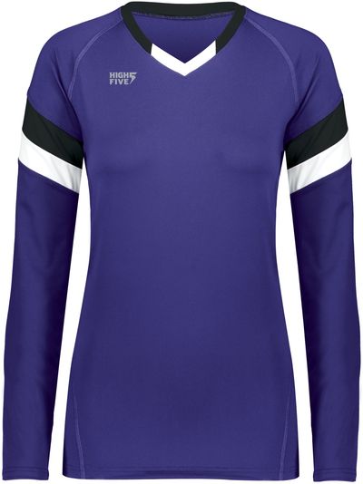 Am image of a Custom High Five Youth Girls Truhit Tri Color Long Sleeve Jersey in Purple/Black/White!
