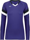 Am image of a Custom High Five Youth Girls Truhit Tri Color Long Sleeve Jersey in Purple/Black/White!