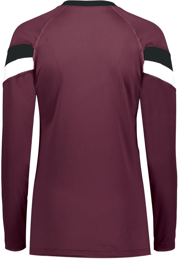 Am image of a Custom High Five Youth Girls Truhit Tri Color Long Sleeve Jersey in Maroon/Black/White!
