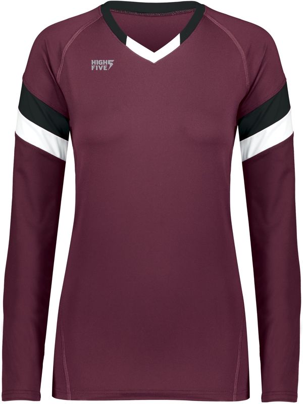 Am image of a Custom High Five Youth Girls Truhit Tri Color Long Sleeve Jersey in Maroon/Black/White!