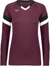 Am image of a Custom High Five Youth Girls Truhit Tri Color Long Sleeve Jersey in Maroon/Black/White!
