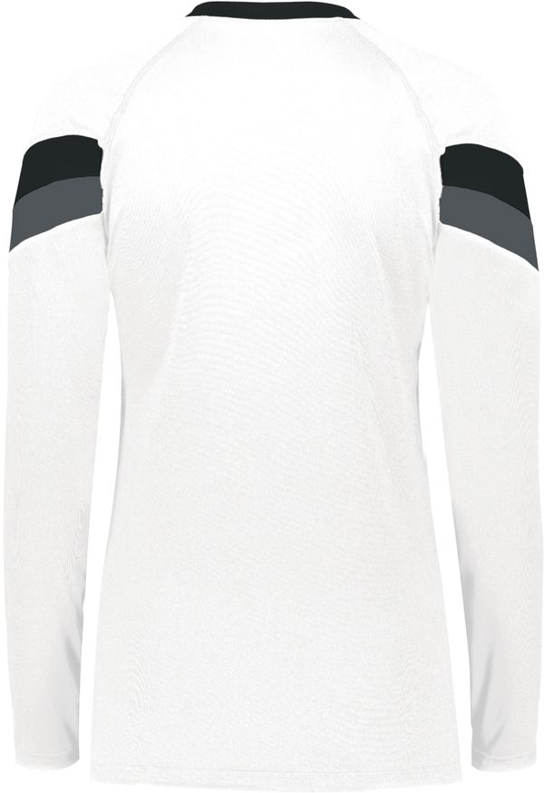 Am image of a Custom High Five Youth Girls Truhit Tri Color Long Sleeve Jersey in White/Black/Graphite!
