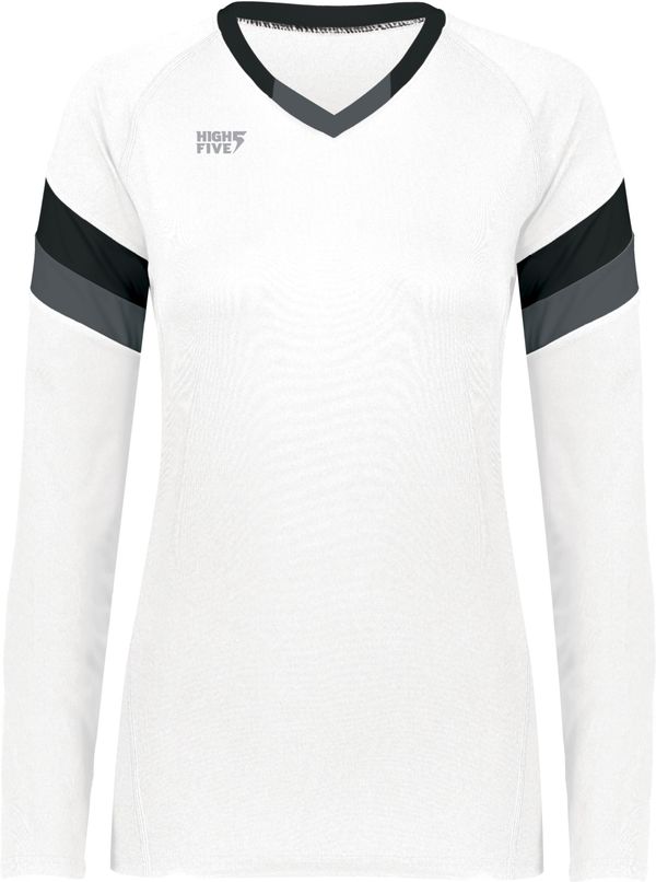 Am image of a Custom High Five Youth Girls Truhit Tri Color Long Sleeve Jersey in White/Black/Graphite!