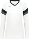Am image of a Custom High Five Youth Girls Truhit Tri Color Long Sleeve Jersey in White/Black/Graphite!