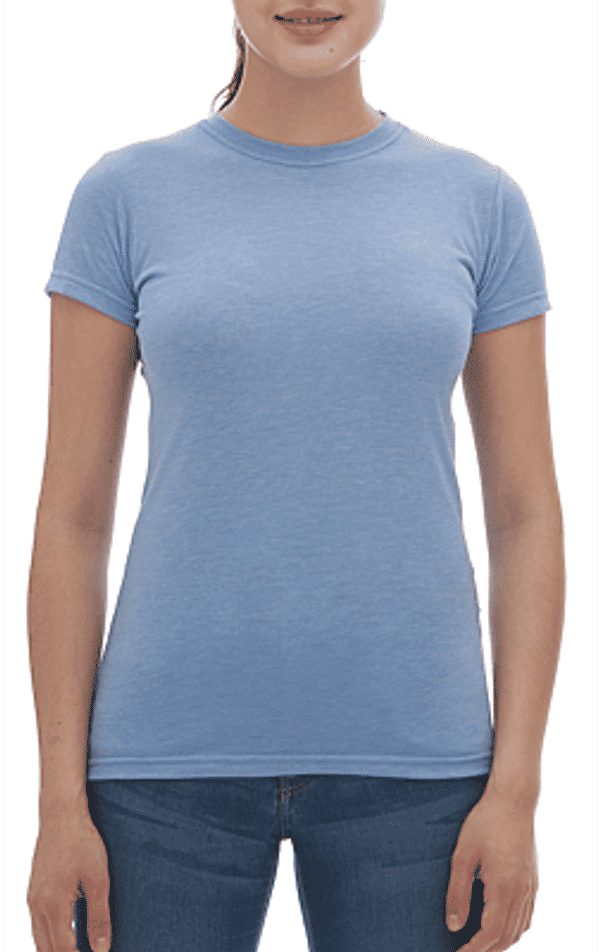 Am image of a Custom M&O Womens Deluxe Blend T Shirt in Heather Blue!