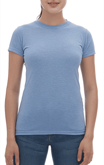 Am image of a Custom M&O Womens Deluxe Blend T Shirt in Heather Blue!