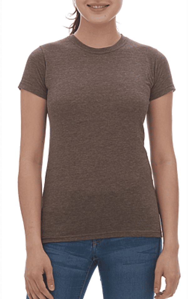 Am image of a Custom M&O Womens Deluxe Blend T Shirt in Heather Brown!