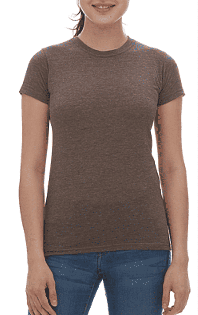 Am image of a Custom M&O Womens Deluxe Blend T Shirt in Heather Brown!