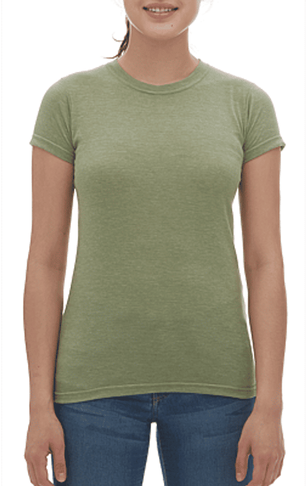 Am image of a Custom M&O Womens Deluxe Blend T Shirt in Heather Green!