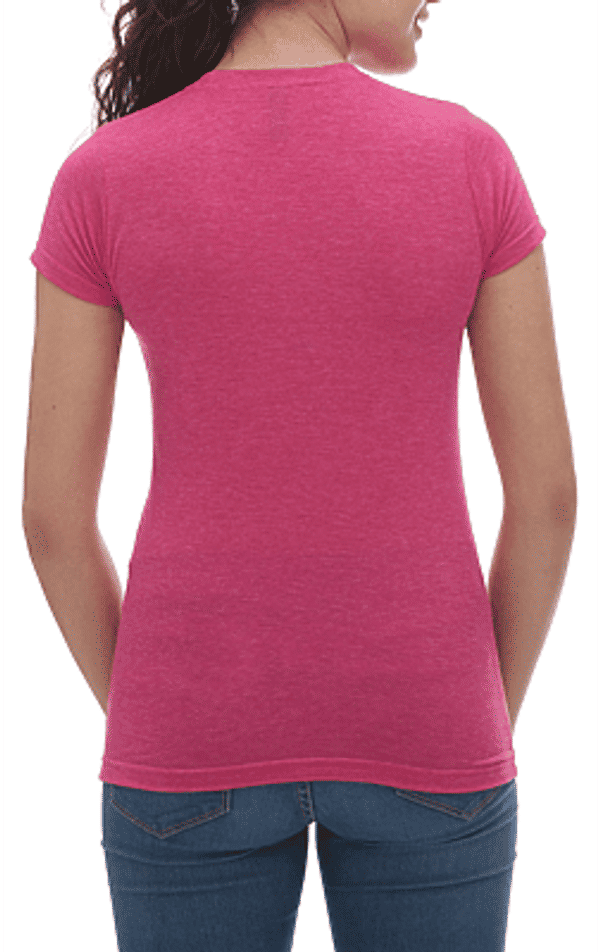 Am image of a Custom M&O Womens Deluxe Blend T Shirt in Heather Fuchsia!