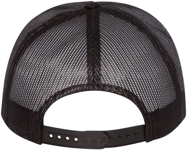 Am image of a Custom Yupoong Five Panel Classic Trucker Cap in Black!