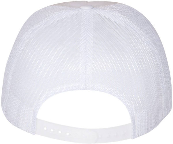 Am image of a Custom Yupoong Five Panel Classic Trucker Cap in White!