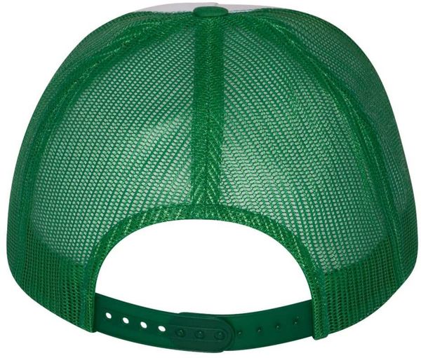 Am image of a Custom Yupoong Five Panel Classic Trucker Cap in Kelly/White/Kelly!