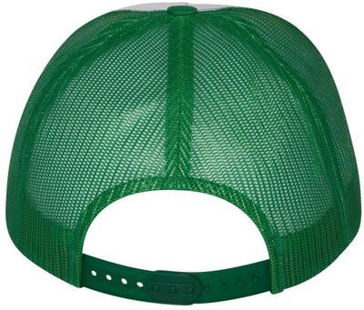 Am image of a Custom Yupoong Five Panel Classic Trucker Cap in Kelly/White/Kelly!