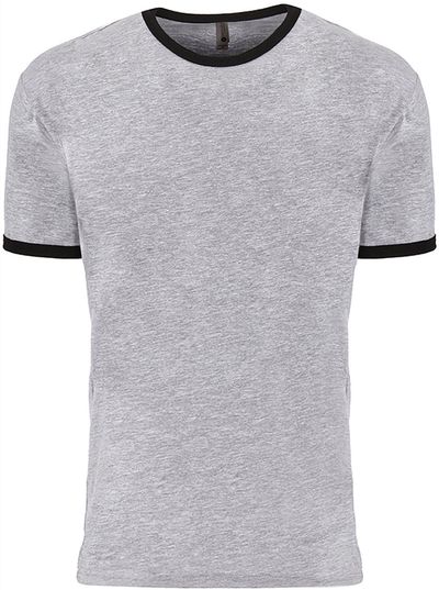 Am image of a Custom Next Level Unisex Ringer T Shirt in Heather Gray/Black!