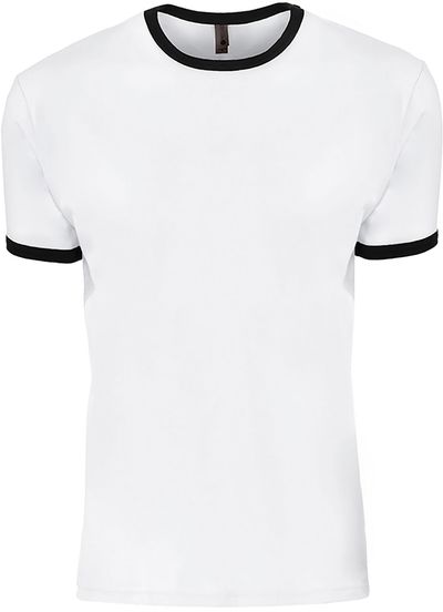 Am image of a Custom Next Level Unisex Ringer T Shirt in Natural/Black!