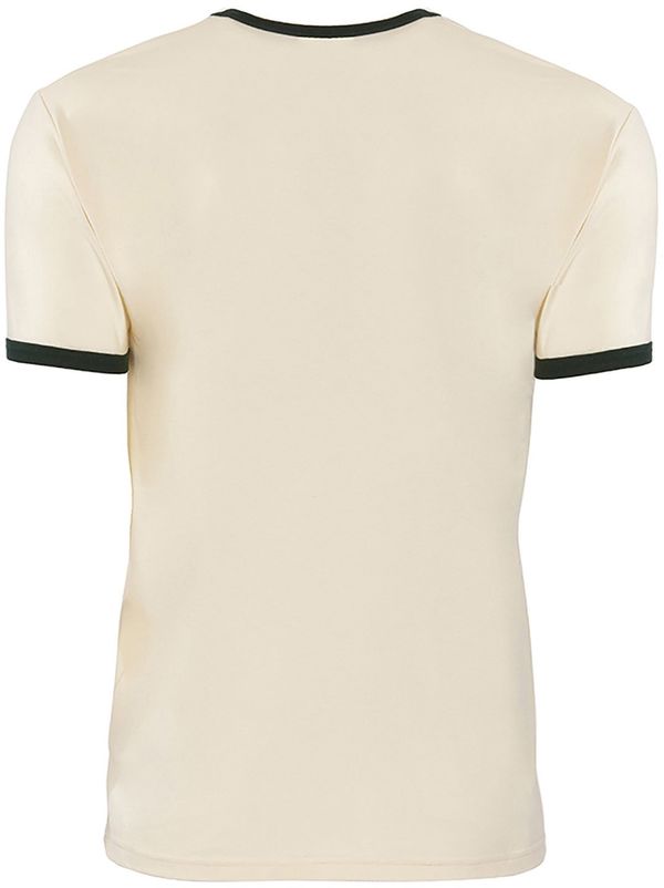 Am image of a Custom Next Level Unisex Ringer T Shirt in Natural/Forest Green!