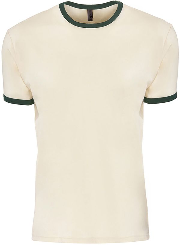 Am image of a Custom Next Level Unisex Ringer T Shirt in Natural/Forest Green!