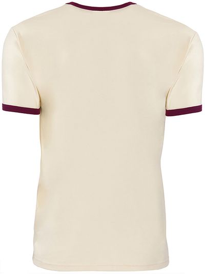 Am image of a Custom Next Level Unisex Ringer T Shirt in Natural/Maroon!