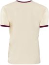 Am image of a Custom Next Level Unisex Ringer T Shirt in Natural/Maroon!