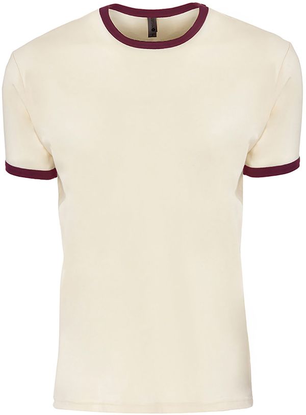 Am image of a Custom Next Level Unisex Ringer T Shirt in Natural/Maroon!