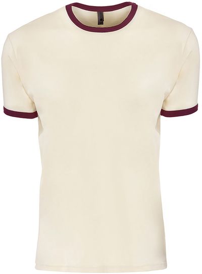 Am image of a Custom Next Level Unisex Ringer T Shirt in Natural/Maroon!
