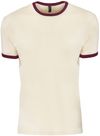 Am image of a Custom Next Level Unisex Ringer T Shirt in Natural/Maroon!