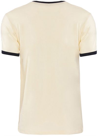Am image of a Custom Next Level Unisex Ringer T Shirt in Natural/Midnight Navy!