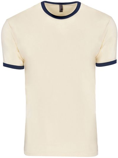 Am image of a Custom Next Level Unisex Ringer T Shirt in Natural/Midnight Navy!