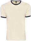 Am image of a Custom Next Level Unisex Ringer T Shirt in Natural/Midnight Navy!