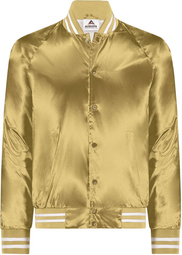Am image of a Custom Augusta Sportswear Satin Baseball Jacket in Metallic Gold/White!
