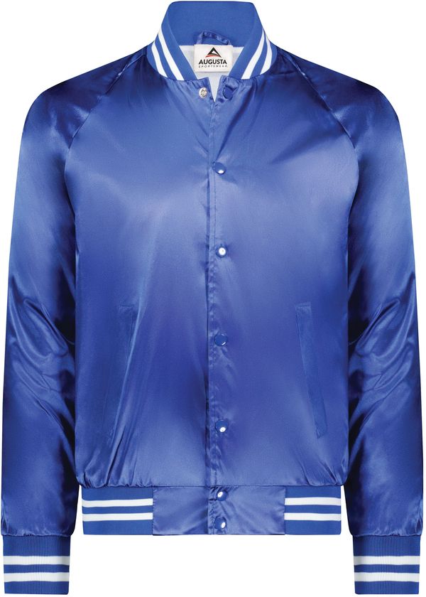 An image of a Custom Augusta Sportswear Satin Baseball Jacket in Royal/White!