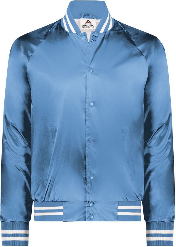 An image of a Custom Augusta Sportswear Satin Baseball Jacket in Columbia Blue/White!